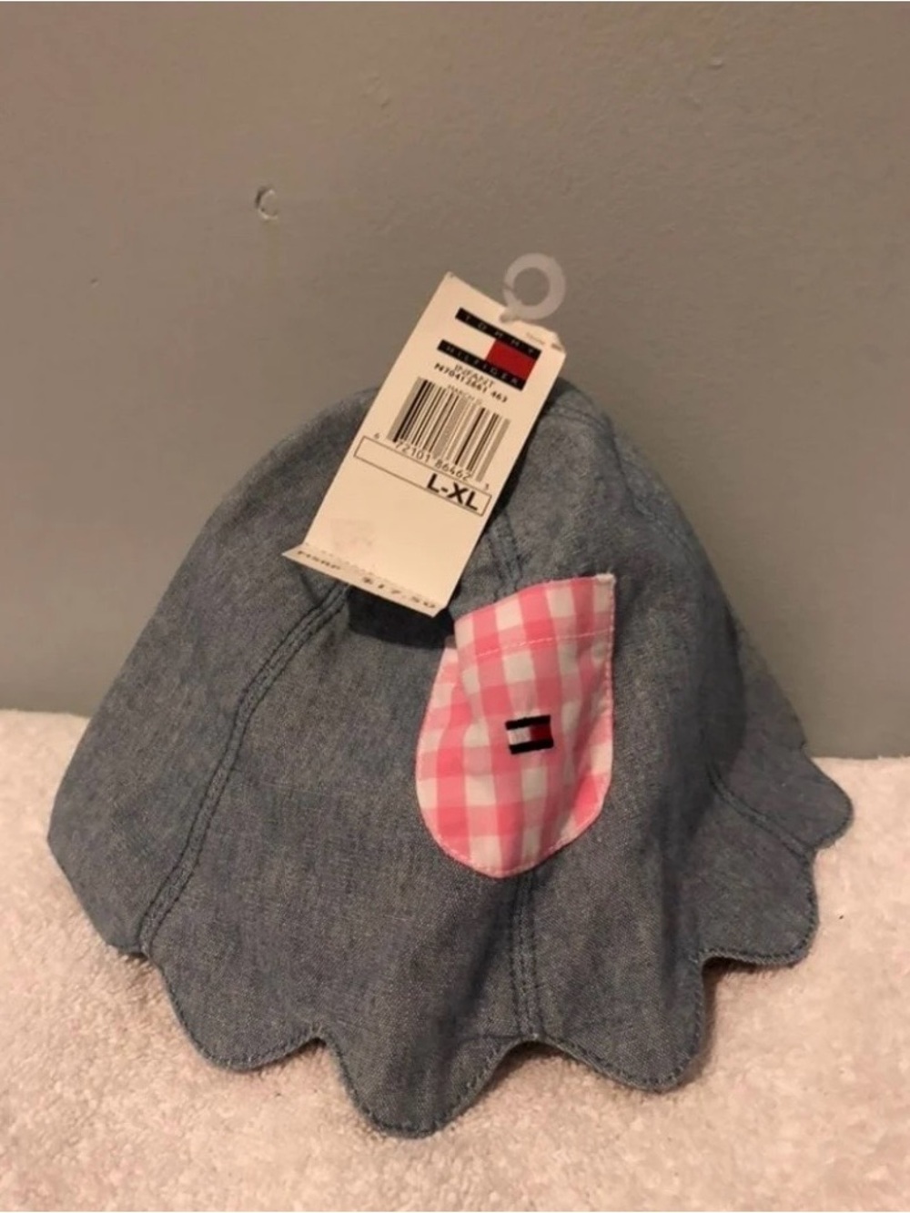 Tommy Hilfiger Kids Denim Scallop Brim Hat with Pink Gingham Pocket